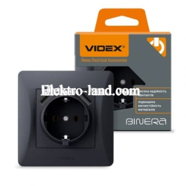 Розетка одинарная с заземлением и 2USB черный графит Videx Binera 